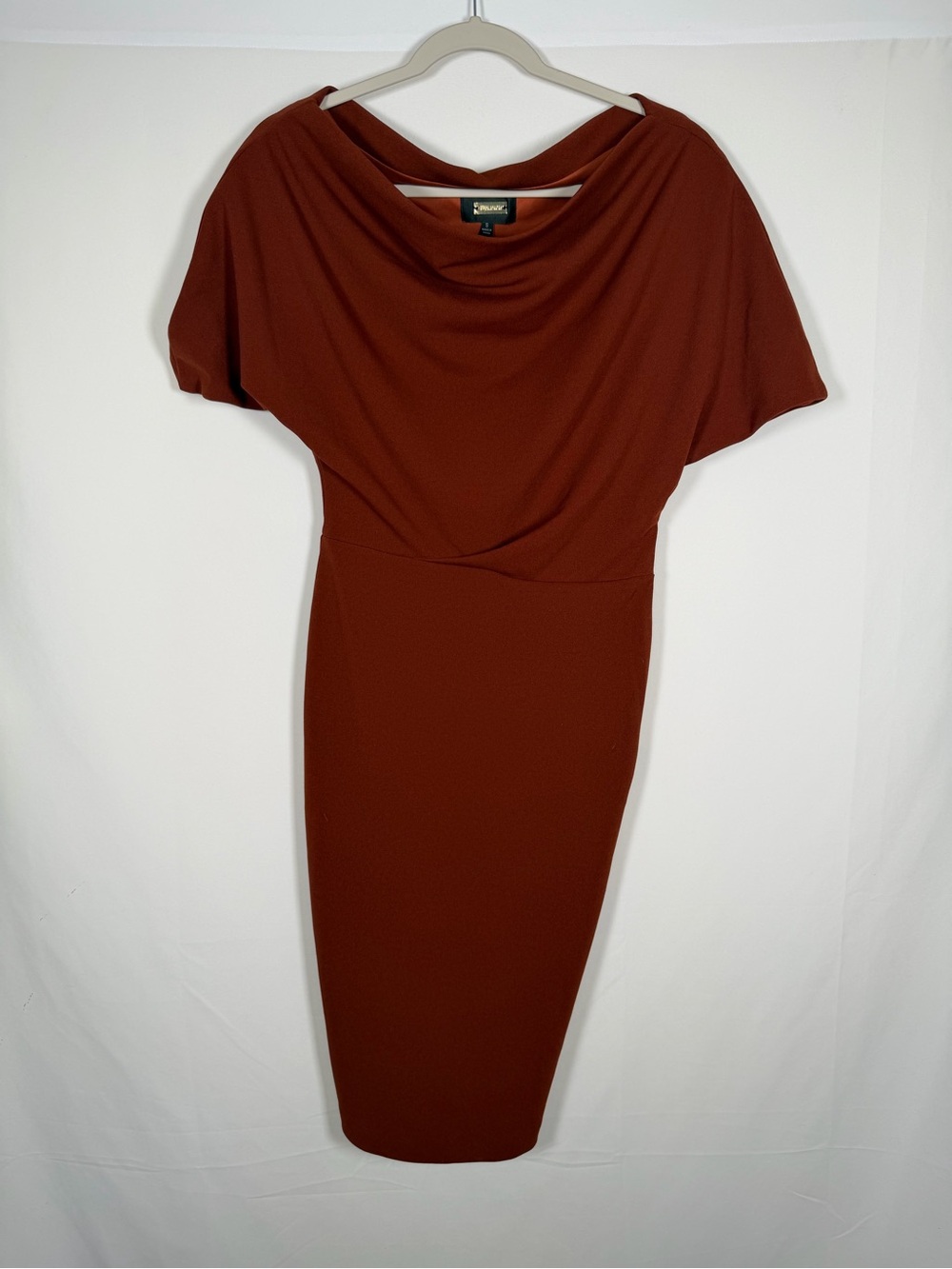 Alexia Admor Rust Midi Dress with Draped Cowl Neck Ester Asymmetric Dress
